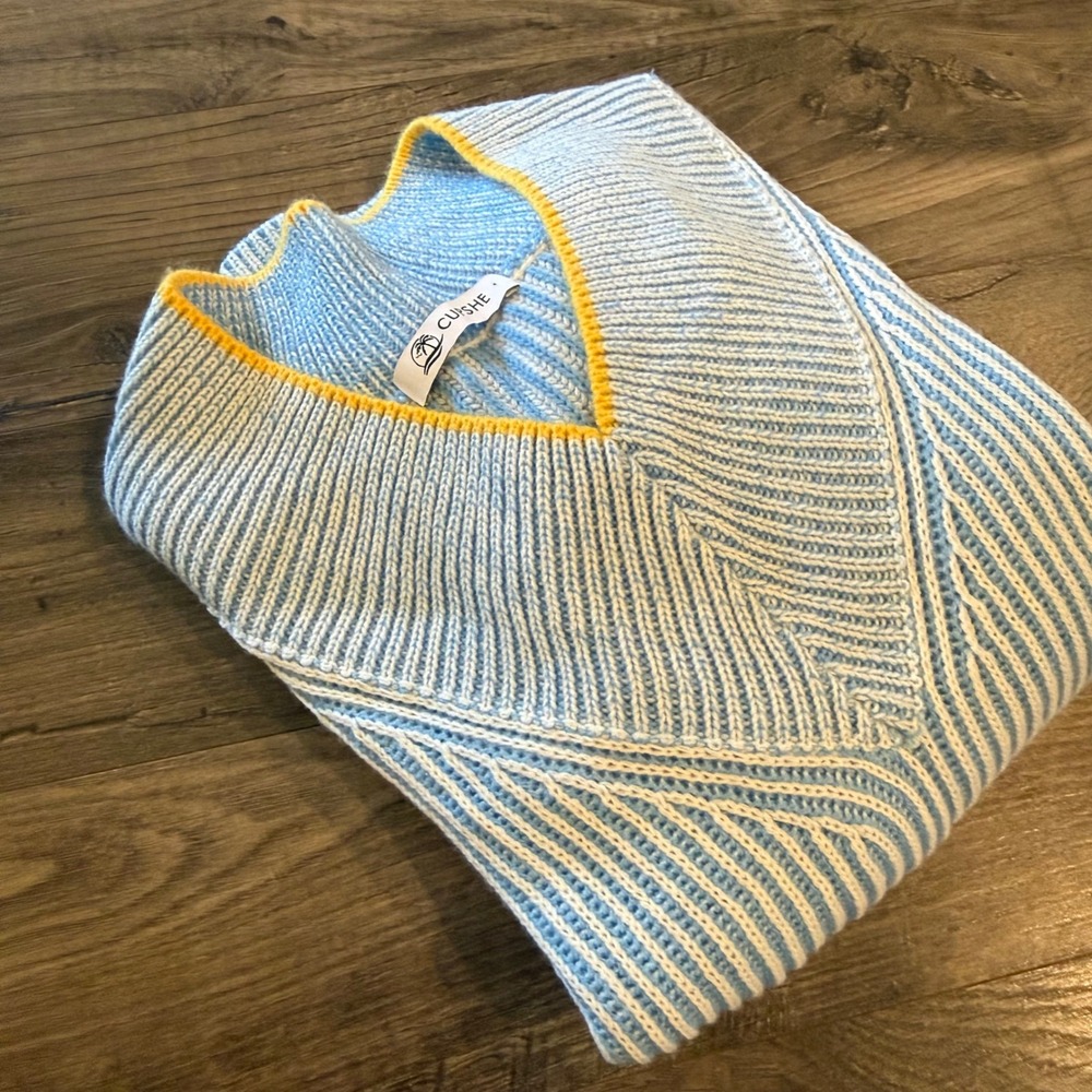 CUPSHE Blue White Striped V-Neck Knit Sweater Yellow Trim Medium Swim Cover